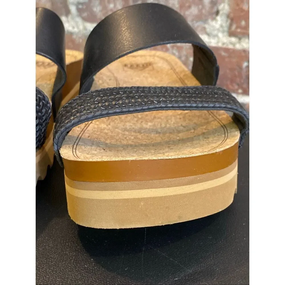REEF • Black Vegan Leather Braided Double Strap Tan Cork/Foam 2” Sole Slide Sand